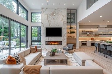 Contemporary living room with open concept view through to dining room kitchen and a marble fireplace with gas fire.