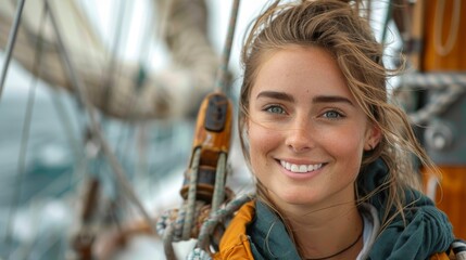 Radiant young woman smiling near sailboat rigging, hinting at a seafaring life