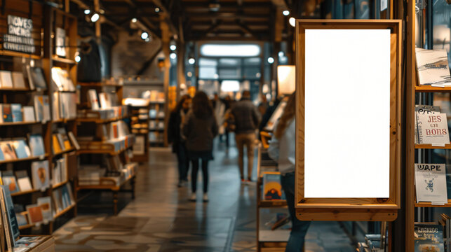 Empty billboard template set in a cozy bookstore with customers browsing in the background