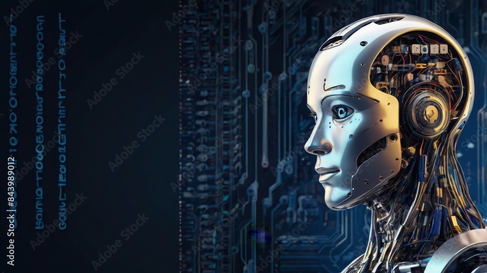 Poster Embark on the journey of AI chatbot development with an isometric portrayal of an artificial intelligence robot head amidst computer electronic chip hardware. 