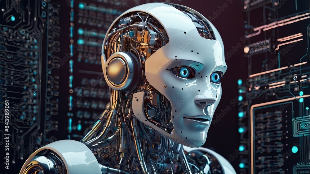 Poster Embark on the journey of AI chatbot development with an isometric portrayal of an artificial intelligence robot head amidst computer electronic chip hardware. 
