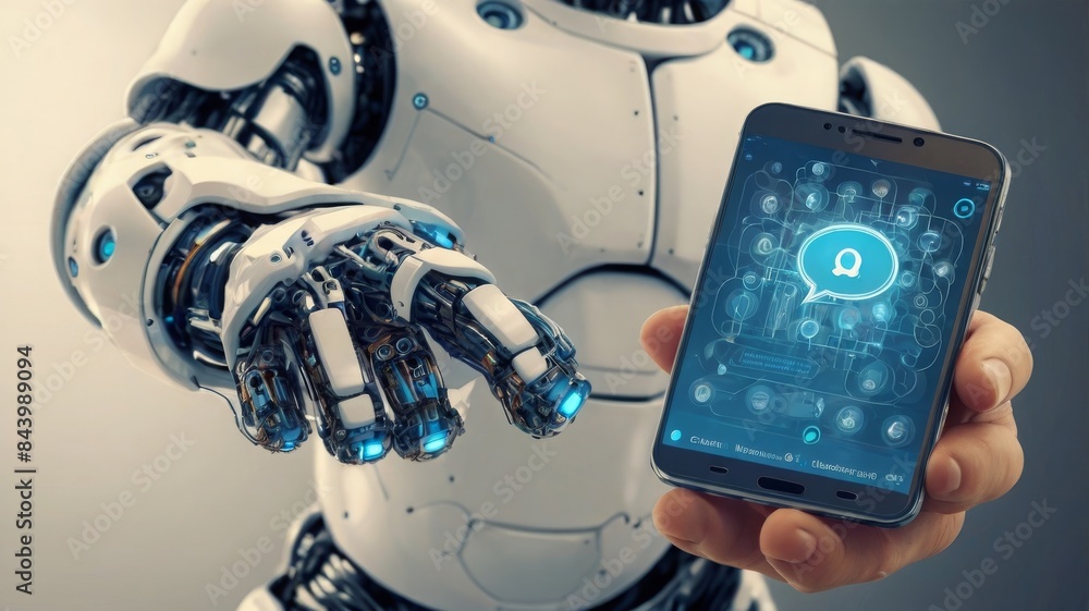 Poster Visualize an AI chatbot depicted as a sleek robot or cyborg, clutching message bubbles in its hand. This image symbolizes the seamless interaction between users and online AI chatbots.