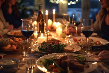 Elegant Keto Dinner Party with Friends: Festive Dining Table, Wine, and Candlelit Ambiance