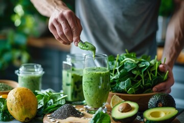 Fitness Enthusiast Preparing a Healthy Post-Workout Green Smoothie with Fresh Ingredients in a Modern Kitchen