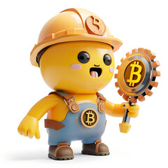 Fototapeta premium Cryptocurrency miner, bitcoin, man in miner's helmet, with bitcoin emblem, funny 3d illustration on white background