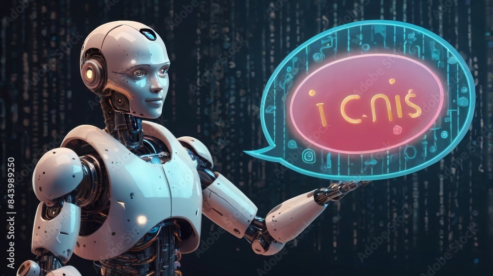 Poster Visualize an AI chatbot depicted as a sleek robot or cyborg, clutching message bubbles in its hand. This image symbolizes the seamless interaction between users and online AI chatbots.