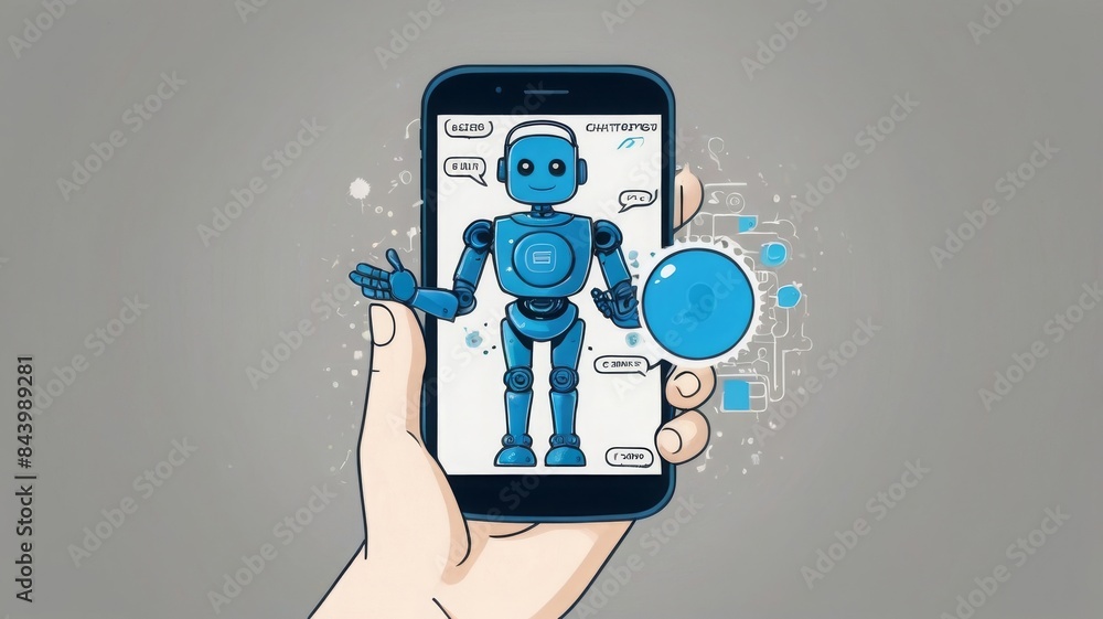 Poster visualize an ai chatbot depicted as a sleek robot or cyborg, clutching message bubbles in its hand. 