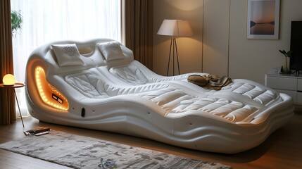 A close-up of a white massage bed with a warm light emanating from its side, set in a modern home