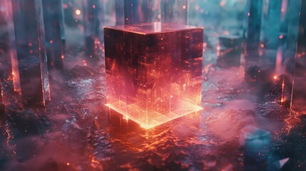 The image shows a glowing red cube in a dark forest setting.