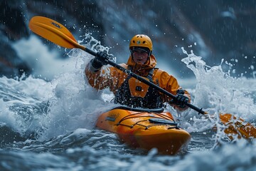 Fototapeta premium Nautical Adventure: Kayaker Taming Rough Ocean Waves