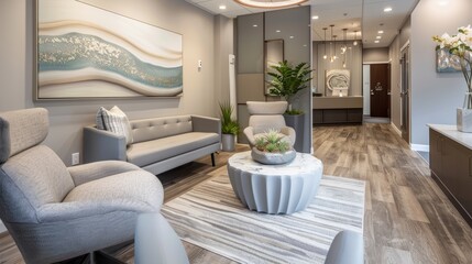 Modern Clinic Waiting Area with Cozy Seating and Informational Displays for IPL Phototherapy