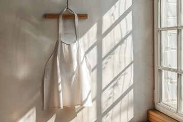Mockup of a white apron hanging on a wall hook bathed in natural sunlight through a window casting shadows in a minimalist kitchen setting. - Powered by Adobe