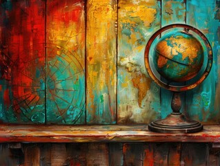 Vintage globe on colorful weathered wooden background, creating a rustic and artistic atmosphere perfect for travel and exploration themes.