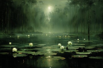Moonlight Illuminates Water Lilies in Foggy Swamp Forest