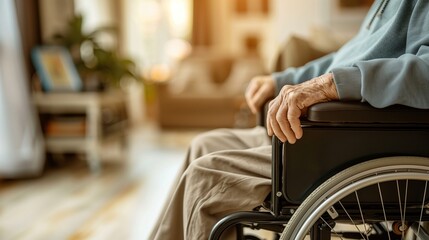 disabled man in wheelchair, close-up side view with copy space