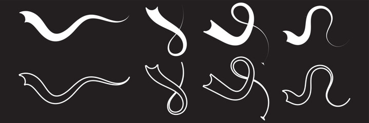 Set of Swoosh and swoop underline typography tails shape in flat styles. Brush drawn curved smear. Hand drawn curly swishes, swash, twiddle. Vectors calligraphy doodle swirl on white background.Vector