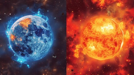 Obraz premium Stunning digital artwork depicting the duality of fiery and icy planets in a cosmic setting, highlighting the contrast of temperatures.
