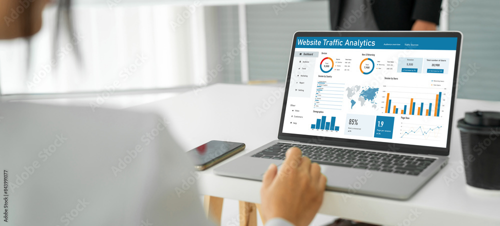 Poster computer software for website traffic analytics data on computer screen. concept of seo search engin
