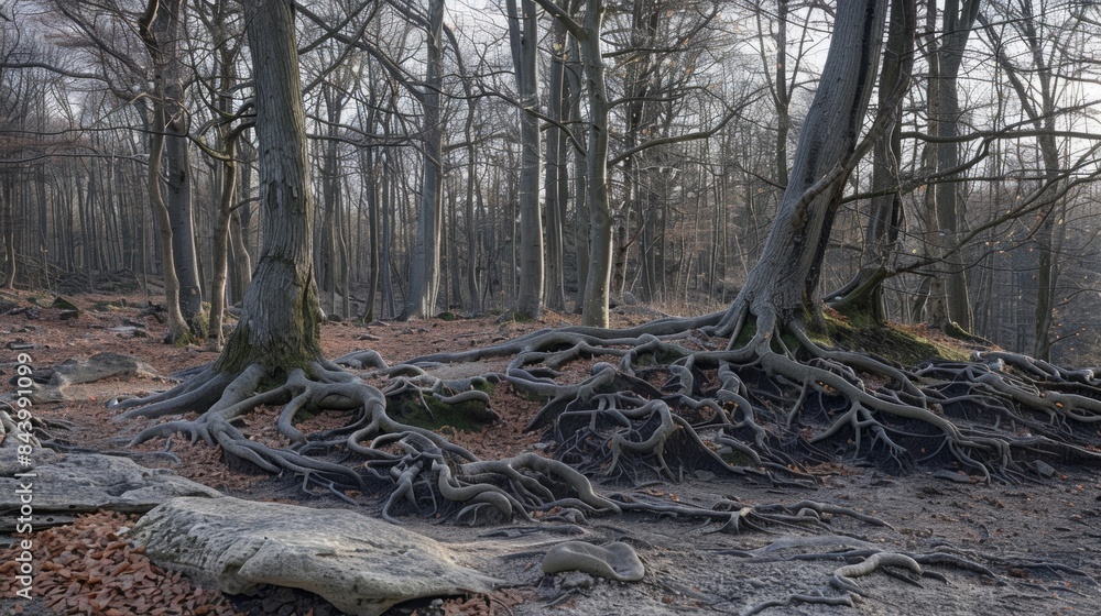 Aufkleber in a wooded area tree roots and rocks intertwined in a tangle testament to the power of frost wedgin