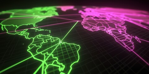 Neon glowing world map with grid lines representing global connections and technological networks in vibrant colors.