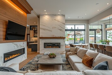 Contemporary living room with open concept view through to dining room kitchen and a marble fireplace with gas fire.