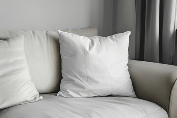 Modern living room with a comfortable white sofa and a fluffy pillow, creating a cozy and minimalist home decor style.