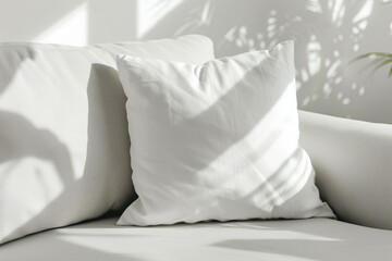 Mockup of minimalist white cushion on a modern sofa with natural sunlight and shadows, creating a serene and cozy living space atmosphere.