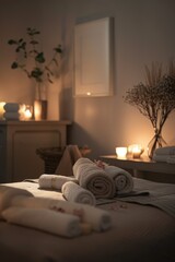 High-End Spa Room with Soothing Decor and Cosmetologist Performing RF Lifting on Client
