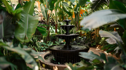 A lush tropical garden with an elegant fountain surrounded by large leaves and exotic plants. offering a peaceful escape into nature 