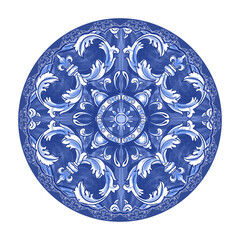 Blue and yellow ceramic pattern. Traditional tribal ornament. Capri Maiolica. Delft Blue and White