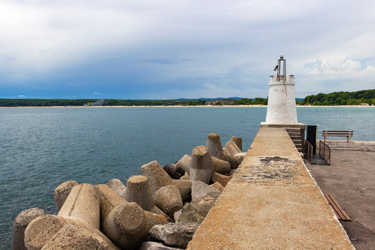 Lighthouse and breakwater at the Port of Primorsko, Province of Burgas, Bulgarian Black Sea coast