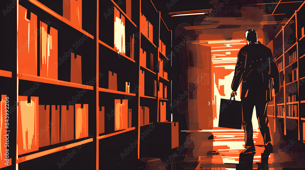 Poster a man in a archive corridor putting away a box in the shelf