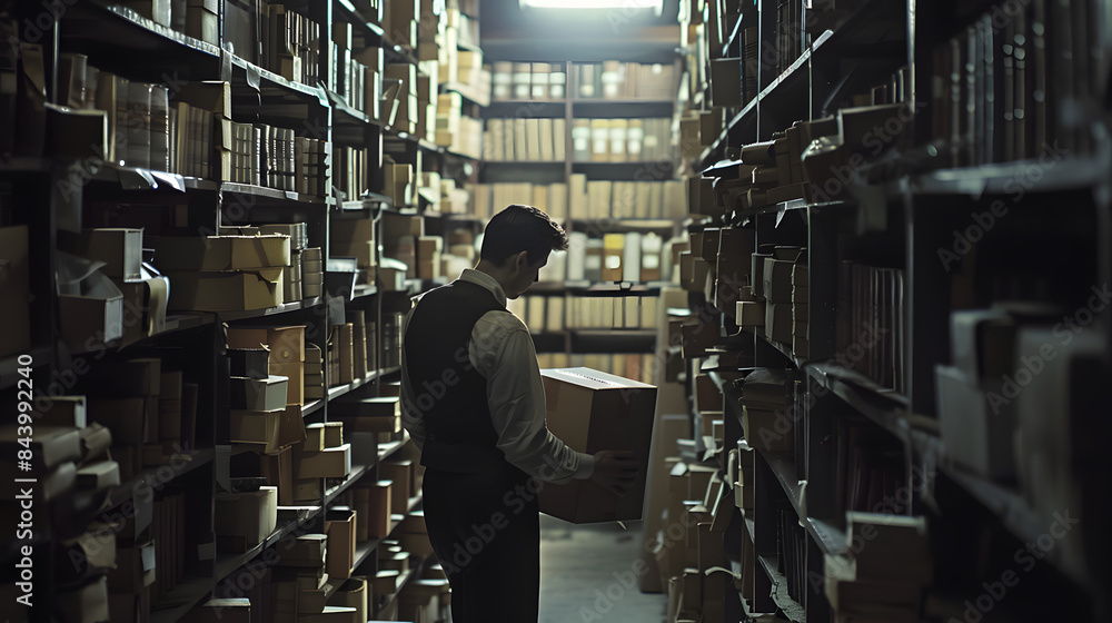 Poster a man in a archive corridor putting away a box in the shelf