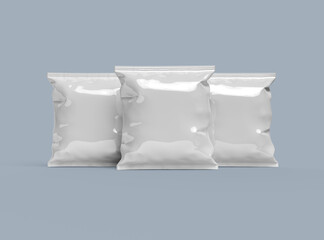 Packaging mockup template for a square polyethylene bag for food on a light background. 3d render