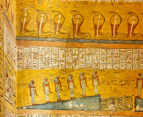 Wall relief painting of the 4th hour from the Book of the Gates scene depicting the journey of the...