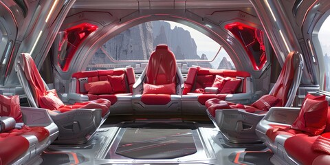Futuristic spaceship interior with sleek red seats, large windows, and a stunning outer space view, perfect for sci-fi themed designs.