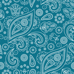 Seamless pattern. White ornament on a blue background. Paisley