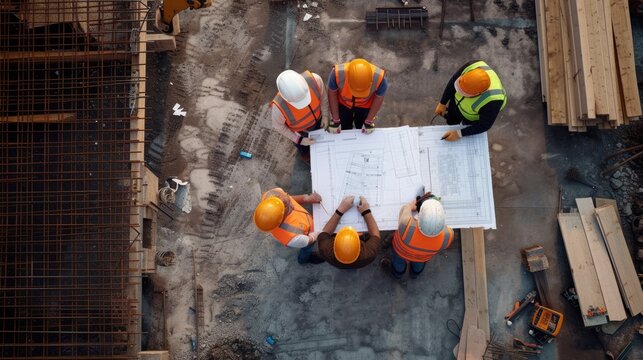 Construction workers examining a blueprint amidst the scenic landscape, with water and art enhancing the building's architecture. AIG41
