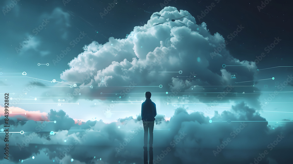 Poster a man stands in front of cloud services. surrounded by clouds and data cables