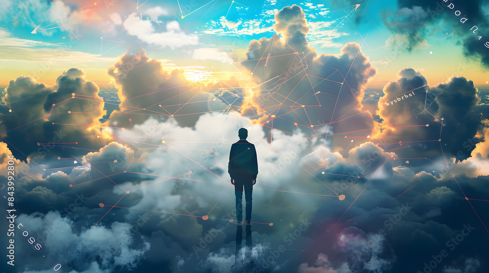 Poster a man stands in front of cloud services. surrounded by clouds and data cables
