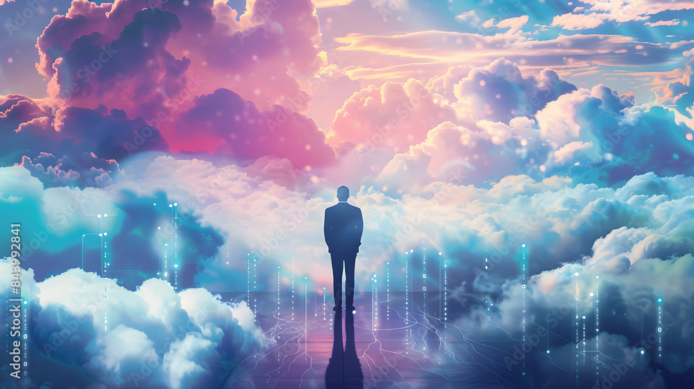 Poster a man stands in front of cloud services. surrounded by clouds and data cables