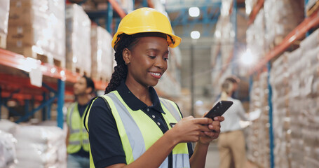 Logistics, woman and phone in warehouse in communication, stock and safety in supply chain or...