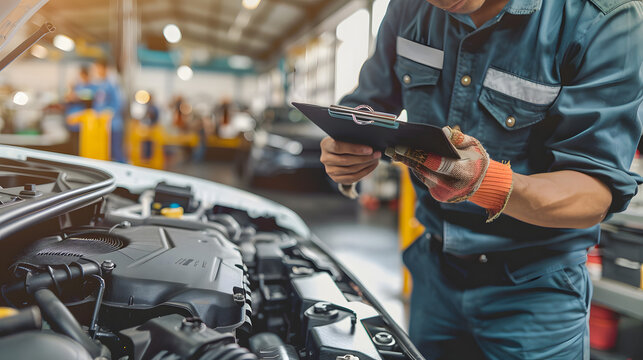 A mechanic in uniform taking notes on a clipboard while working on a car engine at an auto repair shop 