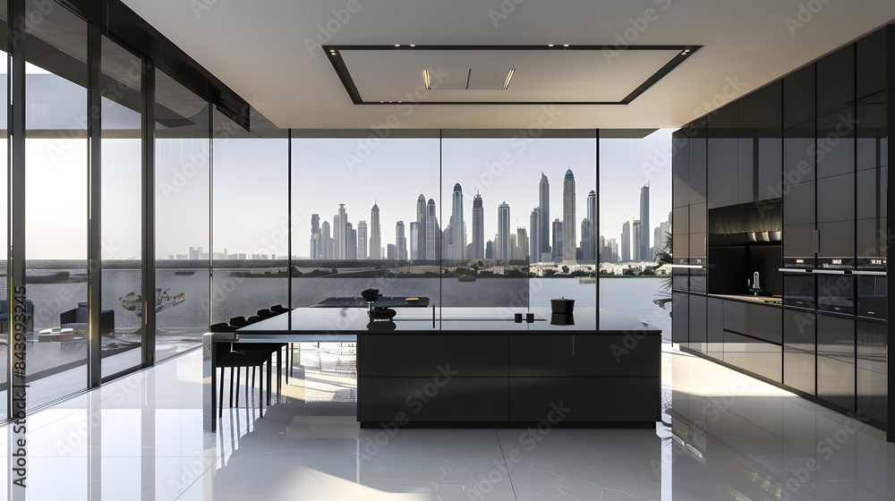 Poster a minimalist kitchen with black storage units and a rectangular table at the core. vast windows with