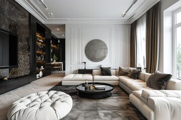 Russian style white open living room concept with black fabrics.
