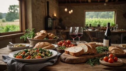 Obraz premium A Rustic Farm-to-Table Dinner Setup with Fresh Vegetables, Bread, and Wine, Captured from a Low Angle to Highlight the Spread