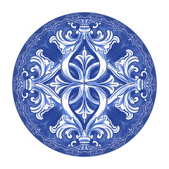 Blue and yellow ceramic pattern. Traditional tribal ornament. Capri Maiolica. Delft Blue and White