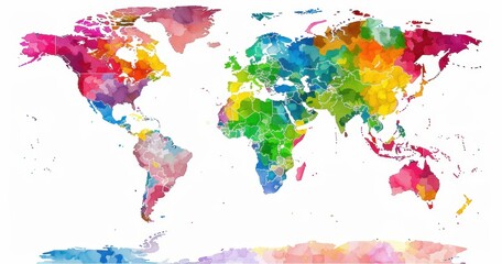 Obraz premium Colorful world map in watercolor style, showcasing the diverse continents in bright, vibrant shades. Ideal for global themes and creative projects.