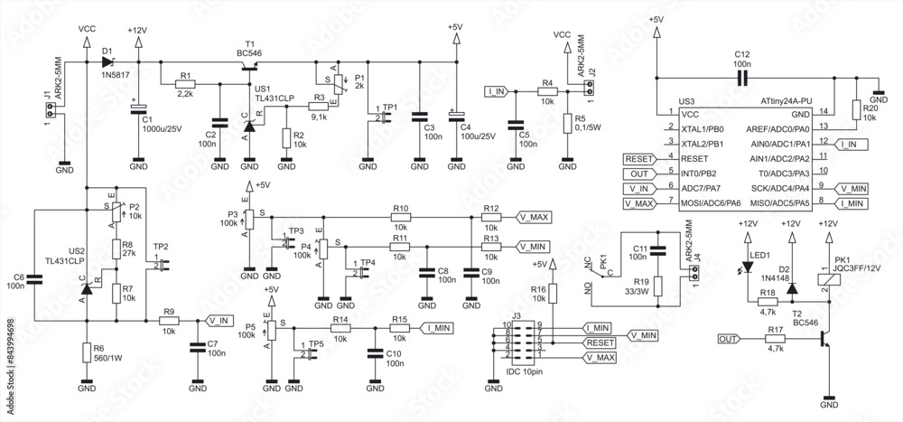 Poster schematic diagram of electronic device on sheet of paper. vector drawing electrical circuit with con