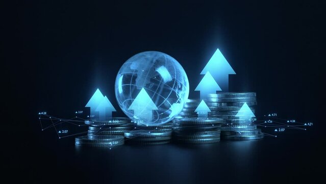 Digital globe with upward arrows and stacked coins, symbolizing global market growth, financial success, and economic development. - Powered by Adobe